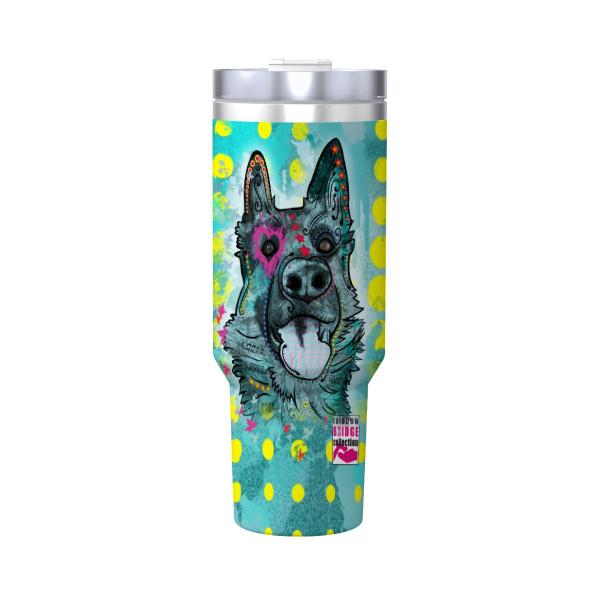 Tumbler mit Hundemotiv Eddy - Edelstahl, Becher, 1L, mit Strohhalm, bunt, Motive in Digitaler Popart, Mischling, Mix, Deutscher Schäferhund